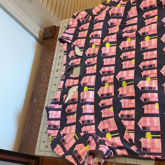 House Hunting print shift dress, pink houses on blue, designed by Borough - Picture 4 of 7